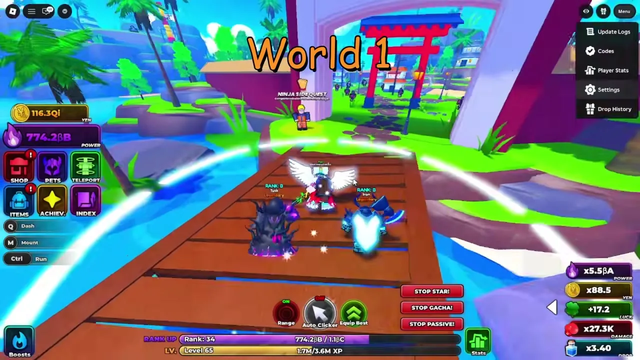 Ninja Village world map with side quest and chest locations in Anime Astral Simulator